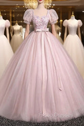 Pink Tulle Floral Floor Length Formal Prom Dress, A-Line Short Sleeve Evening Dress