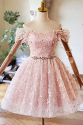 Pink Tulle Knee Length Party Dress, A-Line Off The Shoulder Evening Dress