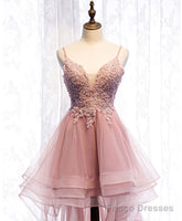 Pink Tulle Lace High Low Prom Dress, Pink Homecoming Dress