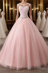 Pink tulle lace long Formal Prom Dresses, pink tulle evening Dresses