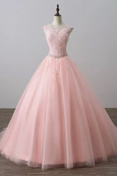 Pink tulle lace long prom dress, pink evening dress