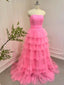 Pink Tulle Layers Long Prom Dress, Strapless Pink Tulle Evening Dress Formal Dress