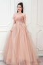 Pink Tulle Long A-Line Prom Dress, Cute Off The Shoulder Graduation Dress