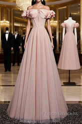 Pink Tulle Long A Line Formal Prom Dress Pink Evening Dress