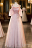 Pink Tulle Off Shoulder Beaded A-Line Formal Prom Dress, Pink Tulle Long Party Dress
