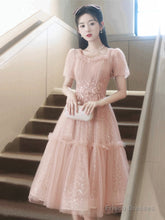 Pink Tulle Sequins Sweetheart Short Prom Dress, Pink Short Sleeve Party Dress