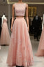 Pink Tulle Two Piece Formal Prom Dress Lace Crop