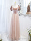 Pink Tulle Velvet Square Short Sleeve Prom Dress