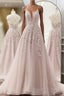 Pink Tulle With Lace Applique Low Back Formal Prom Dress, Pink A-Line Tulle Party Dress