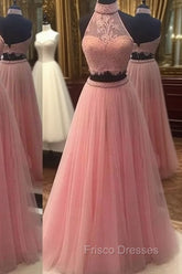 Pink Two Pieces Lace Tulle Long Formal Prom Dress, Pink Evening Dress