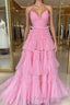 Pink V Neck Layers Tulle Long Ball Gown,Light Blue A Line Spaghetti Strap Evening Dress