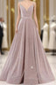 Pink V Neck Sequin A Line Formal Prom Dress With Slit