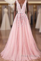 Pink V Neck Tulle Lace Applique Long Formal Prom Dress, Pink Bridesmaid Dress