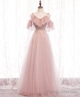 Pink v neck tulle lace long prom dress pink bridesmaid dress