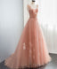 Pink V Neck Tulle Long Prom Dress, Tulle Pink Evening Dress
