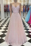 Pink V Neck Tulle Sequin Long Formal Prom Dress Pink Tulle Formal Dress
