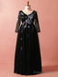Plus Size Black Tulle Embroidery Long Sleeve V-neck Prom Dress