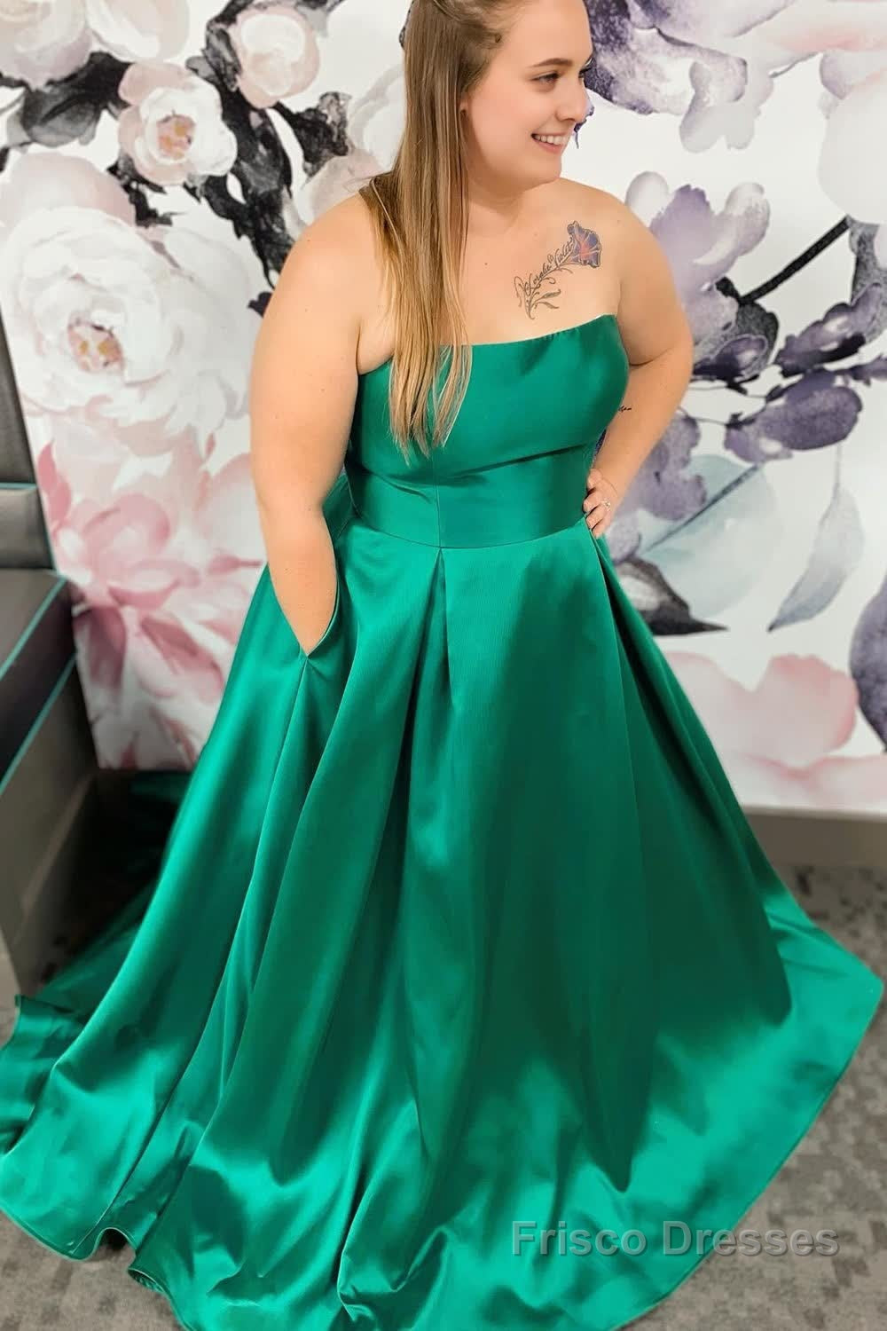 Plus Size Satin Green Long Prom Dress with Pockets Frisco Dresses Plus Size Satin Green Long Prom Dress with Pockets Frisco Dresses