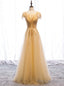 Popular Gold Tulle Cap Sleeve Scoop Beading Prom Dress