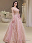 Pretty A Line Off The Shoulder Tulle Pink Floor Length Evening Dress Prom Dresses