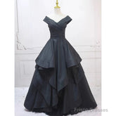 Pretty Ball Gown Off The Shoulder Black Satin Prom Dresses Evening Dress