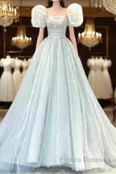 Pretty Ball Gown Square Neckline Short Sleeves Long Evening Party Dress Formal Prom Dress