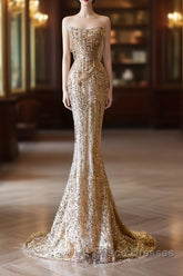 Pretty Mermaid Strapless Gold Sequin Beads Long Formal Prom Dress Formal Evening Dress