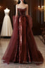 Pretty Mermaid Strapless Sequin Long Burgundy Ruffles Long Formal Prom Dress Formal Evening Dress