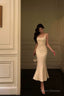 Pretty Mermaid Straps White Tea Length Prom Dresses Birthday Outfits Evening Gown