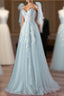 Pretty Mint Blue Tulle With Lace A-Line Long Party Dress, Mint Blue Formal Prom Dress Fornal Dress