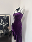 Pretty Spaghetti Straps Purple Velvet Ruffle Party Dress Birthday Evening Dress