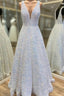 Princess A-line V Neck Sleeveless Velvet Sequins Long/Floor-Length Formal Prom Dress With Pockets