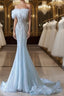 Princess Mermaid Strapless Neckline Long Sequin Light Sky Blue Long Wedding Dress Brides Dress