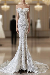 Princess Mermaid Strapless White Lace Long Wedding Dress Brides Dress