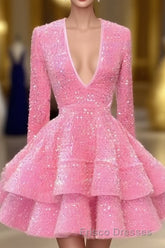 Pink Cocktail Dress A-Line V-Neck Long Sleeve Shiny Sequin Homecoming Dress