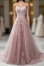 Pink Lace Applique A Line Elegant Spaghetti Straps Formal Prom Dress