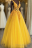 Yellow Tulle With Lace Applique Long Party Dress, A-Line Yellow Formal Prom Dress
