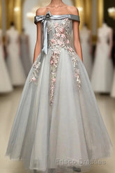 Light Grey Tulle Off Shoulder Flower Lace A Line Formal Prom Dress