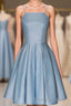 Sky Blue A Line Satin Blue Spaghetti Straps Short Formal Prom Dress