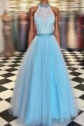 Prety Halter Long Lace Tulle Beding Light Blue For Teens Elegant Formal Prom Dress