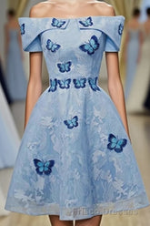 Sky Blue Off Shoulder Lace Short Lace With Butterfly Appliques A Line Off The Shoulder Dc51 Formal Prom Dress