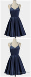 Spark Queen Simple Short Blue Sleeveless V Neck Mini Evening Dress, Women Dress, Satin Ruffles Spaghetti Straps Homecoming Dress