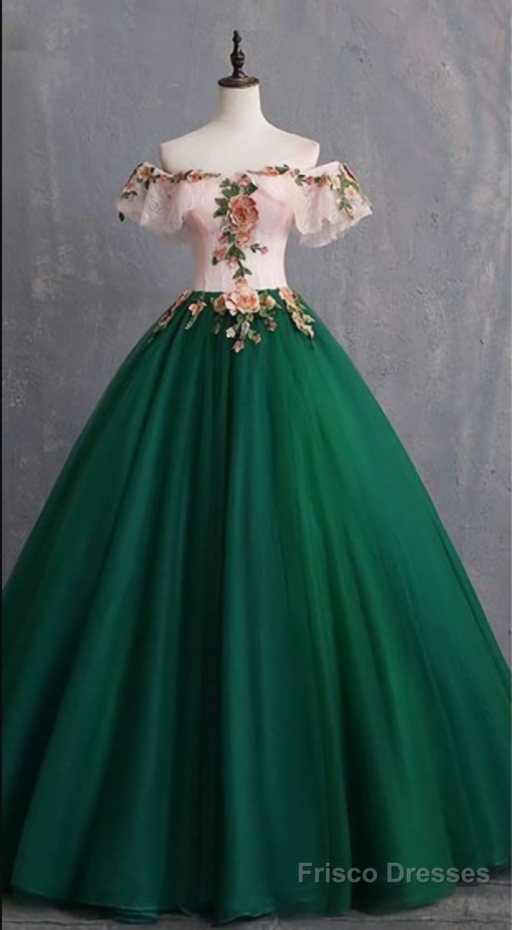 Vintage Dark Green Prom Dresses, Ball Gown Appliques Lace Off The Shou Frisco Dresses Vintage Dark Green Prom Dresses, Ball Gown Appliques Lace Off The Shou Frisco Dresses