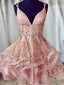 A Line V Neck Short Lace Prom Dresses, Cross Back Short Champagne Lace Formal Homecoming Dresses