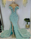 Sequins Light Blue Prom Dresses, Mermaid Prom Dresses, Ruffle Side Slit Custom Make Evening Dresses