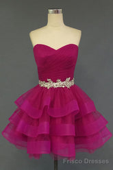 Hot Pink Organza Sweetheart Neckline Short Beadings Belt Tiered Rose Red Layers Prom Dresses