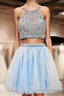 Two Pieces Light Blue Short High Neck Open Back Rhinestones Mid Section Sky Blue Formal Prom Dress