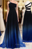One Shoulder Navy Blue Royal Blue Ombre Gradient Color Chiffon Long Ombre For Sweet 16 Formal Prom Dress