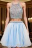 2024 Beautiful Short Two Pieces Light Sky Blue Halter Open Back For Teens Formal Prom Dress