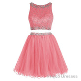 Bateau Neck Illusion Pink Short Crystal Beaded Two Piece Sequined Crop Top Tulle Mini Prom Dresses